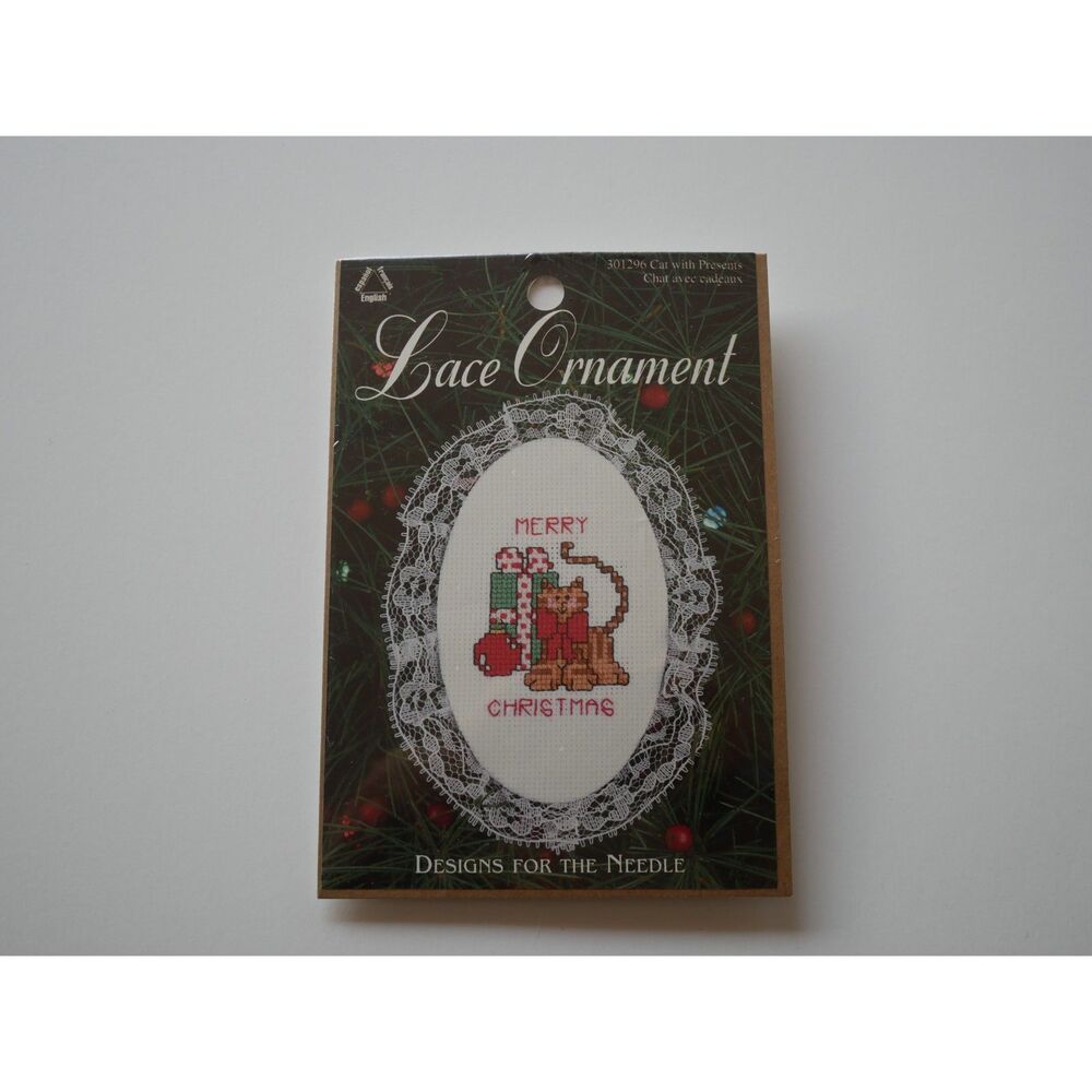 Vintage Lace Ornament Cat with Presents Christmas Cross Stitch Kit NOS